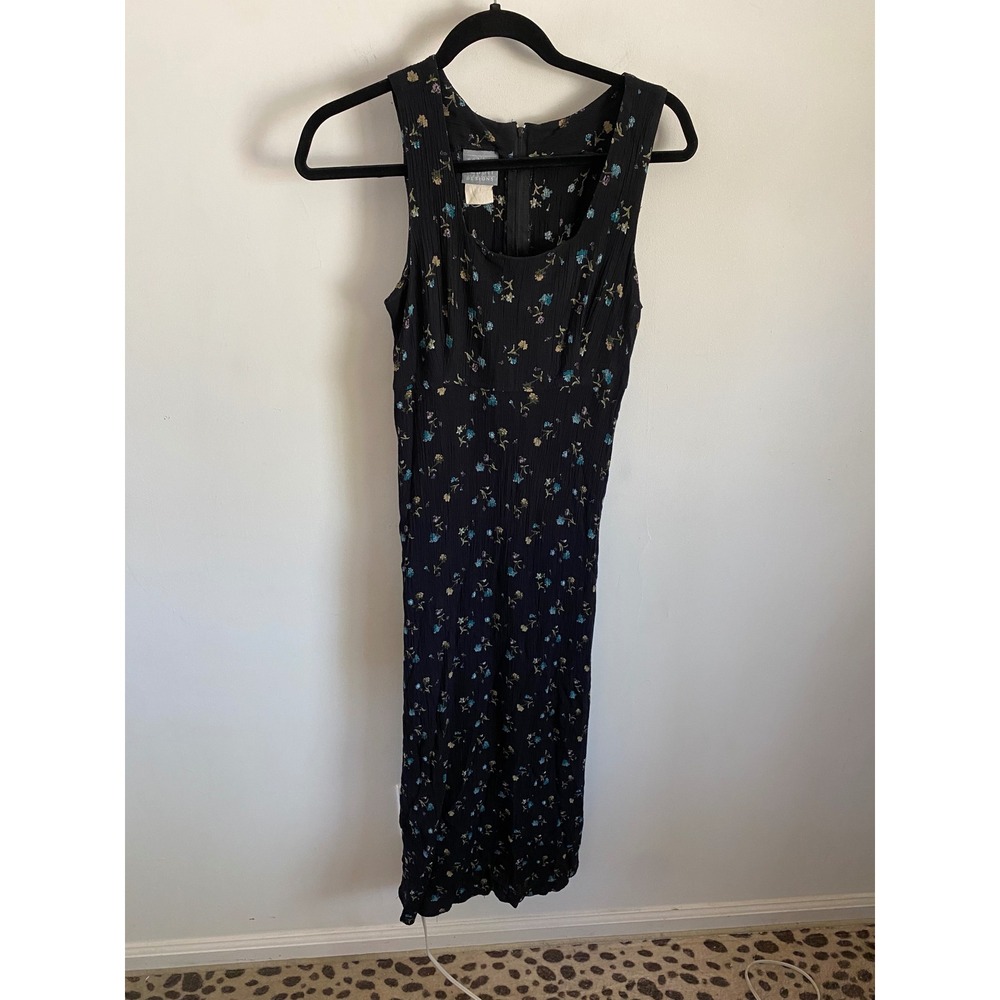 Rabbit Rabbit Rabbit Designs Black Floral Crinkle Gauze Maxi Dress 90s